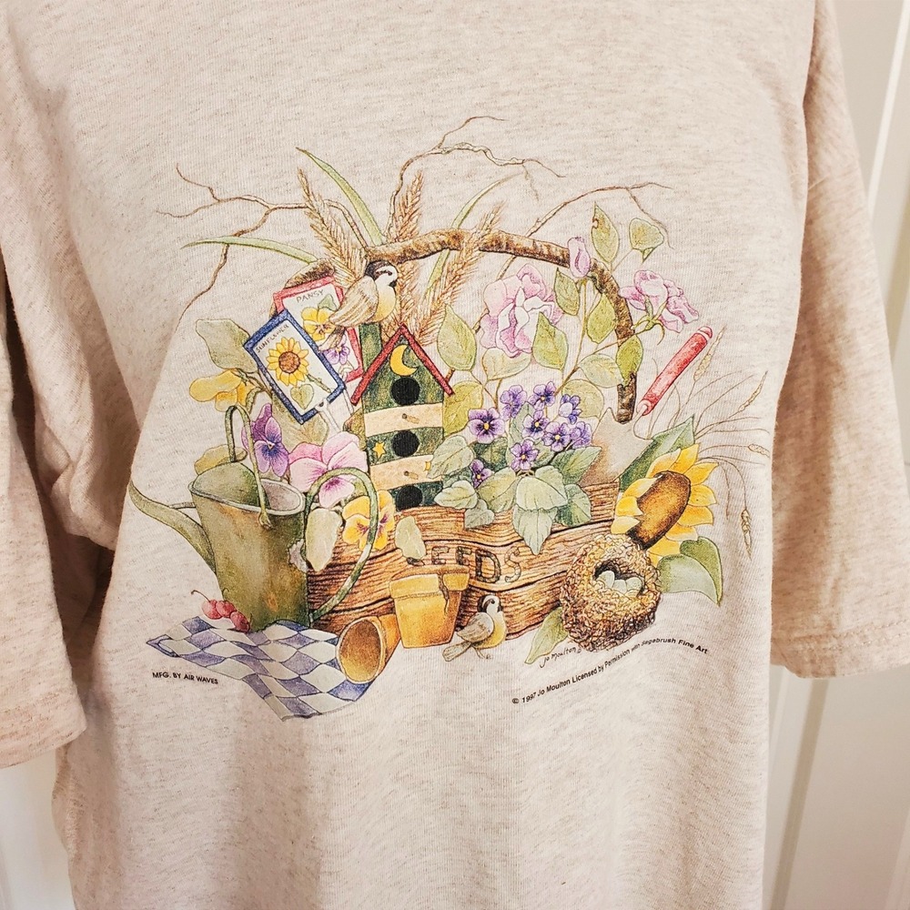 Vintage 1997 Jo Moulton Garden Graphic T-Shirt Oversized 3XL Oatmeal Cottagecore